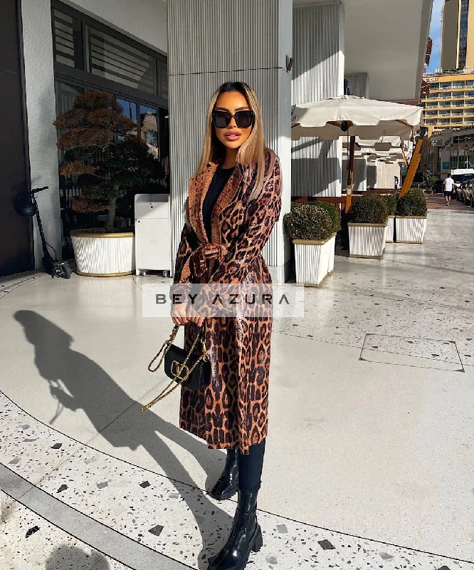 Fashionable Comfort PU Leather Snake Pattern Midi Coat