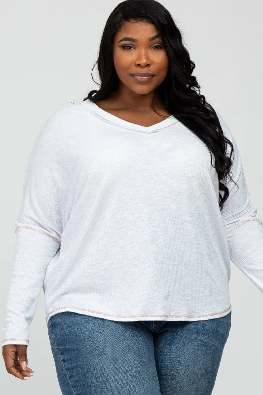 Comfortable Lifestyle Ivory Contrast Stitch Plus Dolman Sleeve Top