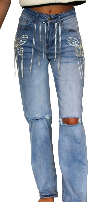 Soft Wearables Butterfly Rhinestone Denim Jean In Blue