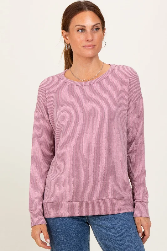 Comfortable Tops Mauve Ribbed Long Sleeve Pullover Top