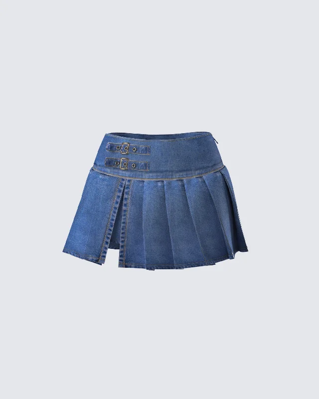 Comfy Chic Wear Alazne Blue Denim Pleated Micro Mini Skirt
