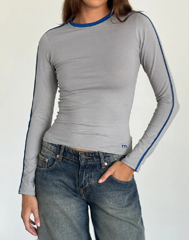 Simple Chic Bonija Long Sleeve Top in Grey with Cobalt Blue Piping