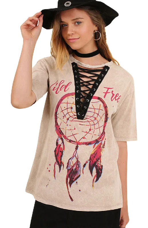 Versatile Comfort Wear Dream Catcher Graphic Top, Latte