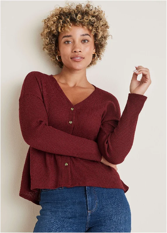 Soft Wearables Waffle Babydoll Henley - Wine