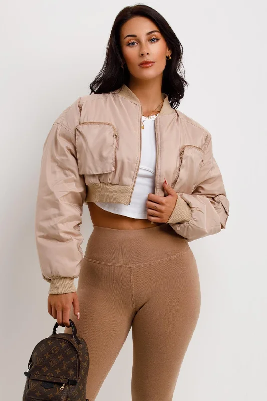 Comfortable Tops Crop Bomber Jacket With Pockets Beige