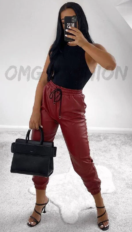 Warm Wear Faux Leather Look Joggers In Wine
