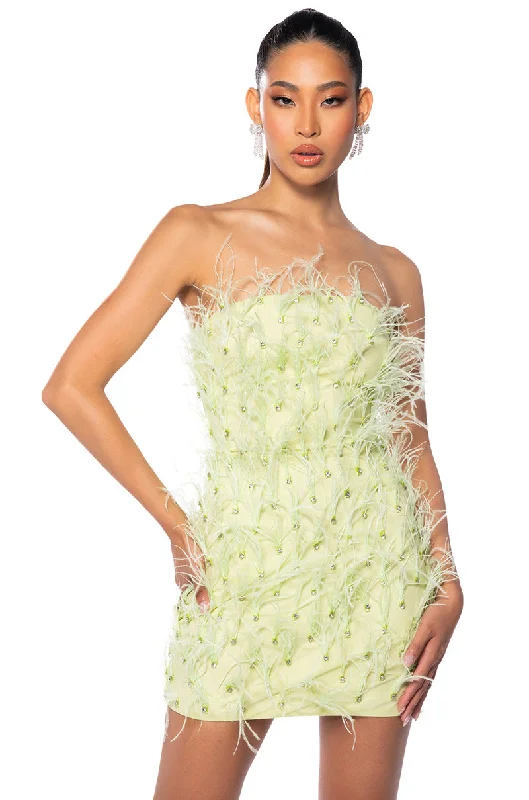 Soft Textures PRIMROSE STRAPLESS FEATHER MINI DRESS