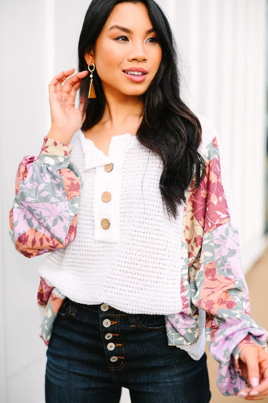 Casual Comfort Let's Begin Cream White Floral Sleeve Top