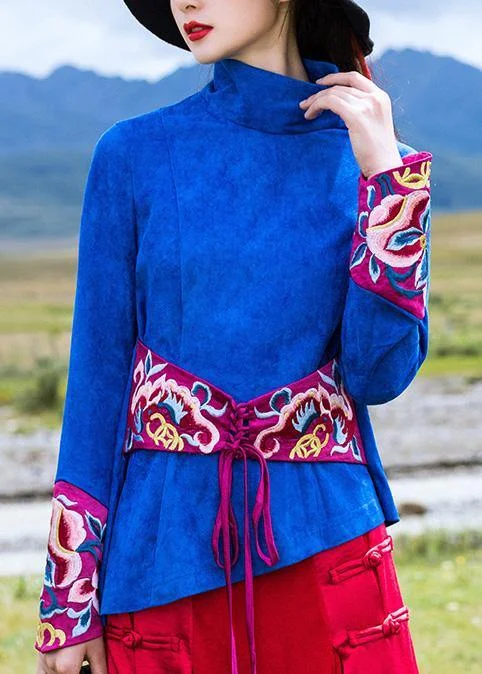 Timeless Style Beautiful blue cotton crane tops embroidery box high neck blouse