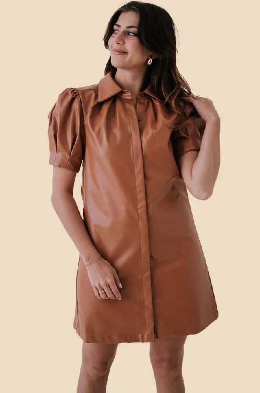 Trendy Dresses Aureum Tessa Vegan Leather Collared Mini Dress (Brown)