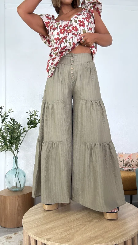 Soft Tops Henley High Waisted Tiered Wide Leg Pant, Olive