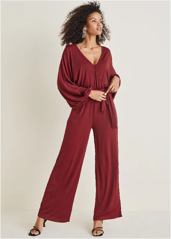 Cozy Lifestyle Volume Sleeve Detail Jumpsuit - Wine
