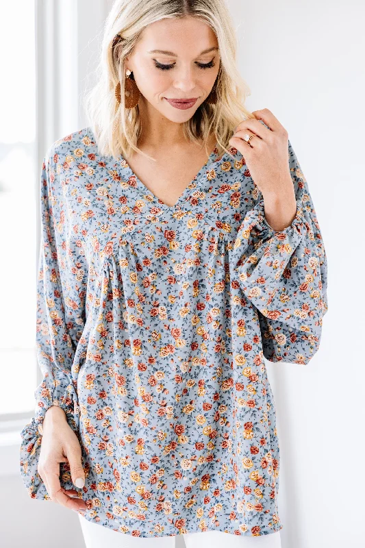 Soft Comfort Wear Keep You In My Heart Dusty Blue Ditsy Floral Top