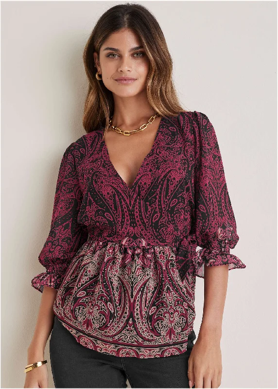 Cozy Chic Wear Wrap Tie Blouse - Bountiful Border