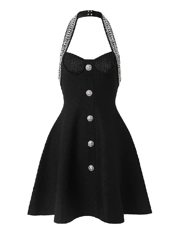 Modern Chic Crystal Halter Neck Flared Knitted Black Dress
