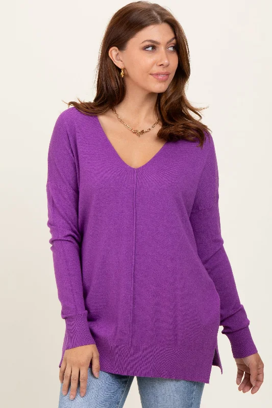 Comfortable Chic Violet Front Seam V-Neck Side Slit Sweater