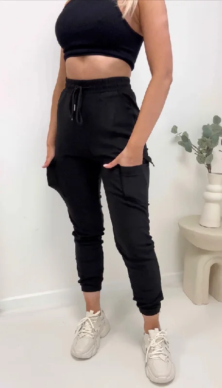 Cozy Outerwear Plain Black Utility Cargo Joggers Trousers