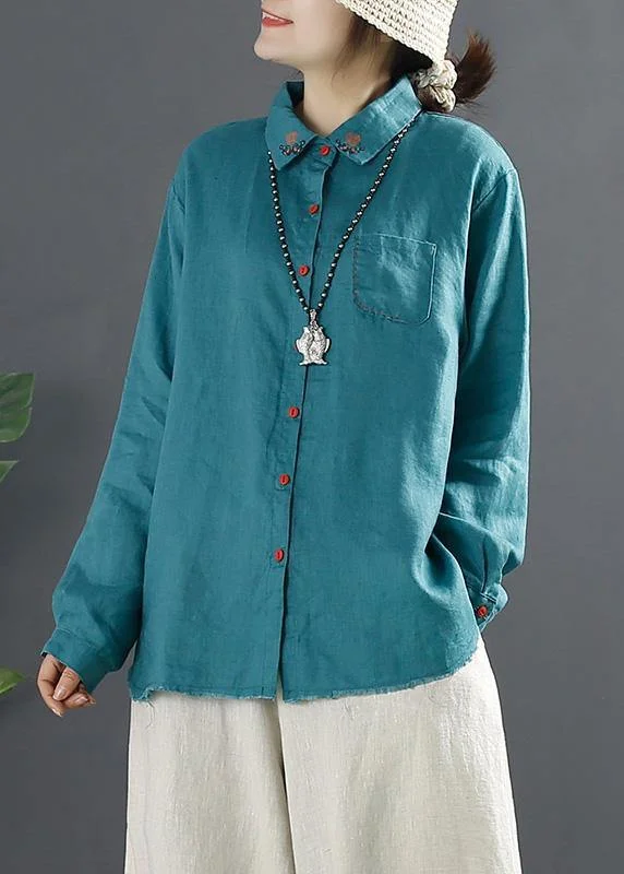 Warm Wear Beautiful Blue Blouses For Women Lapel Embroidery Baggy Blouse