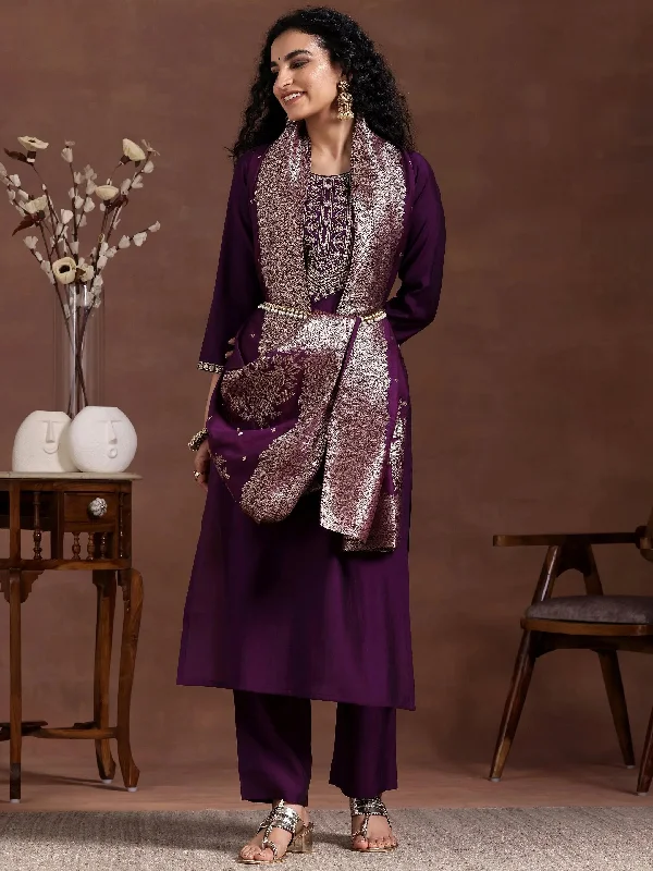 Soft Tops Wine Yoke Design Silk Blend Straight Suit With Dupatta