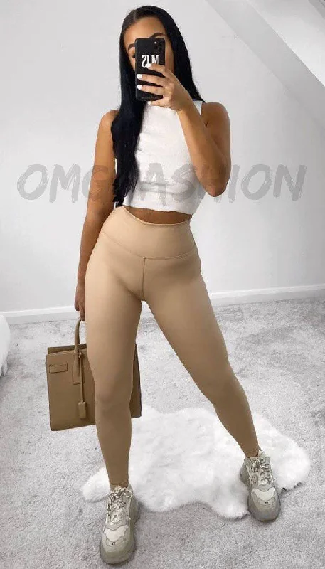 Comfortable Tops High Waisted Faux Leather Leggings In Beige