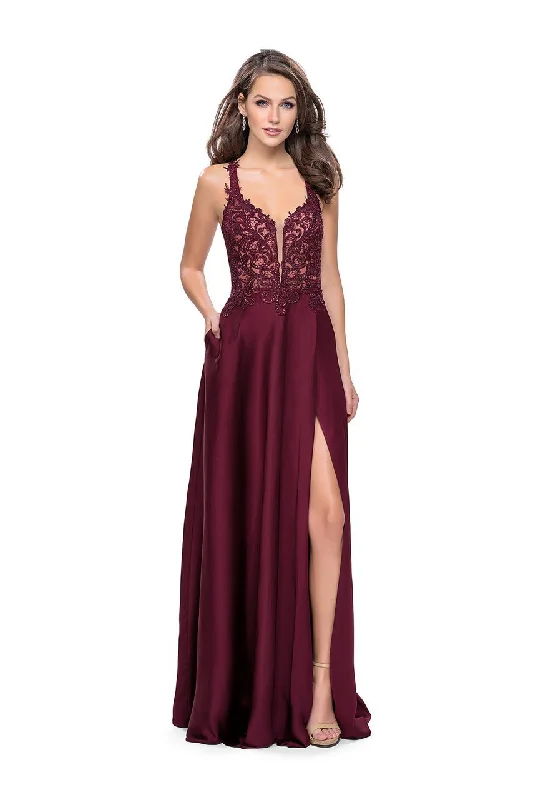 Relaxed Fashion La Femme - 26124 Embroidered Lace V-neck Satin A-line Gown