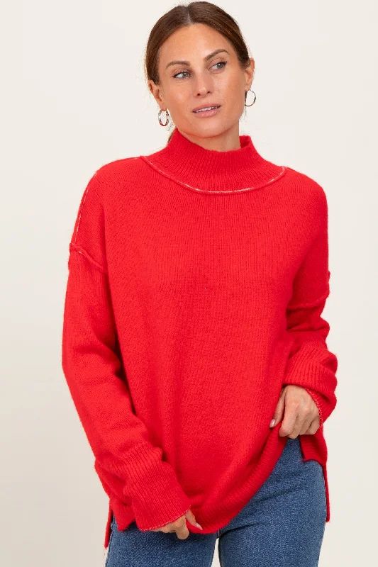 Comfortable Lounge Wear Red Mock Neck Contrast Seam Sweater