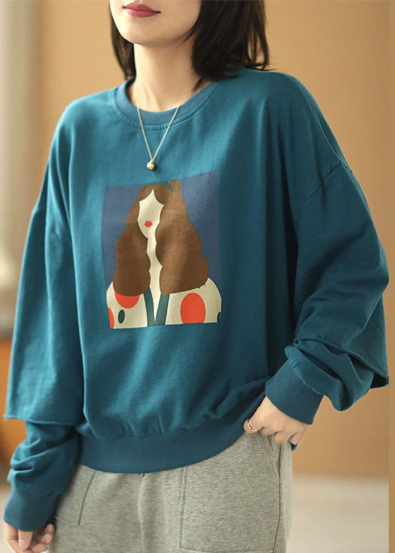 Light Comfort Elegant Blue Loose O-Neck Print Fall Sweatshirts Top