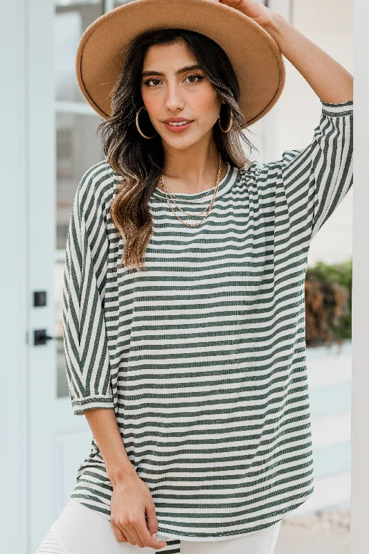 Timeless Style Let's Make Some Time Olive Green Striped Top
