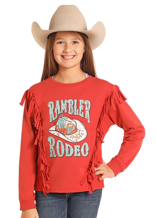 Relaxed Looks Girls Red Fringe Long Sleeve Pullover Tee