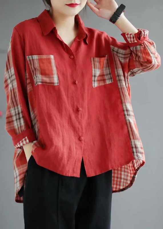 Fashionable Comfort Fashion Red Plaid Patchwork PeterPan Collar Button Fall Shirt Long sleeve