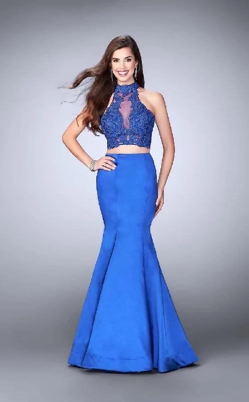 Comfy Dress La Femme - 24306 Sheer Lace Halter Mikado Mermaid Prom Dress