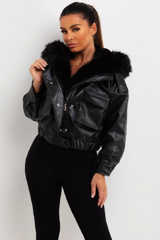 Casual Chic Looks Faux Leather Bomber Jacket With Faux Fur Hood Black