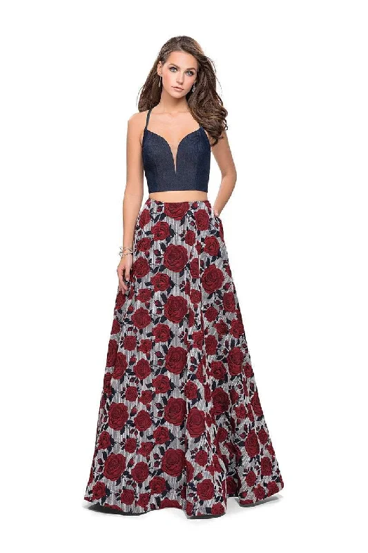 Soft Wearables La Femme - 25789 Two Piece Plunging Denim Open Back A-line Gown