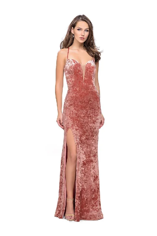 Timeless Style La Femme - 25659 Strappy Plunging Velvet Slit Dress