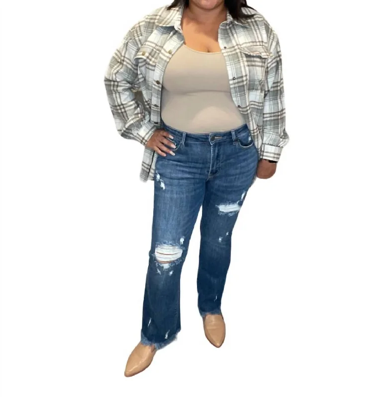 Comfortable Sweaters Mid Rise Distressed Ankle Flare Jeans In Dark Wash