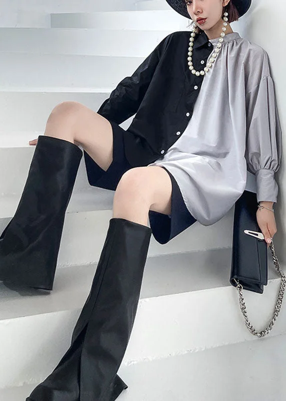 Sporty Comfort Beautiful Black Patchwork Button asymmetrical design Fall Long sleeve Shirt Top