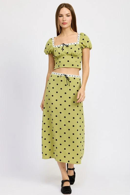Soft Comfort Wear POLKA DOT MIDI SKIRT WITH LACE TRIM