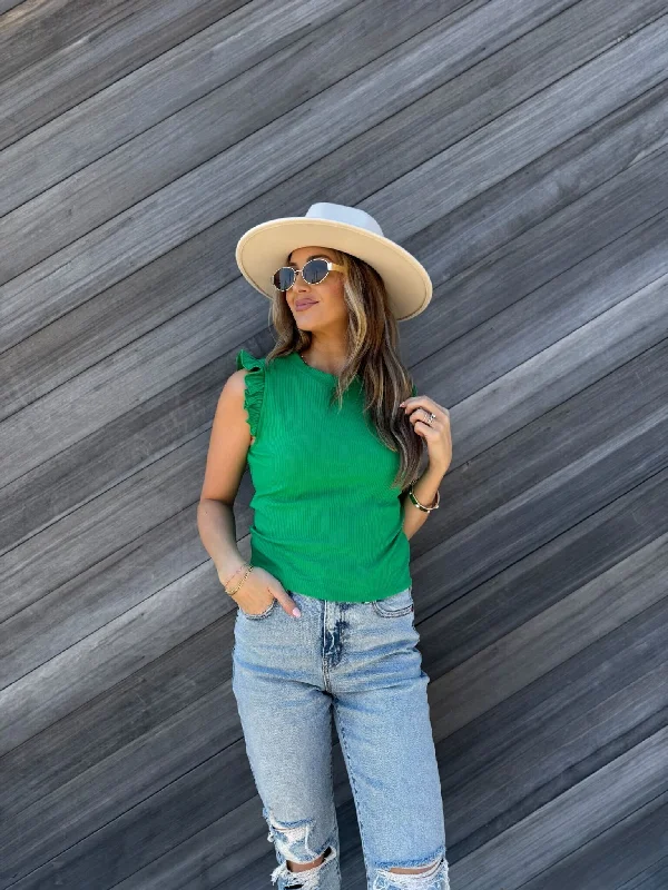 Easygoing Fashion Green Ruffle Cap Sleeve Tank Top