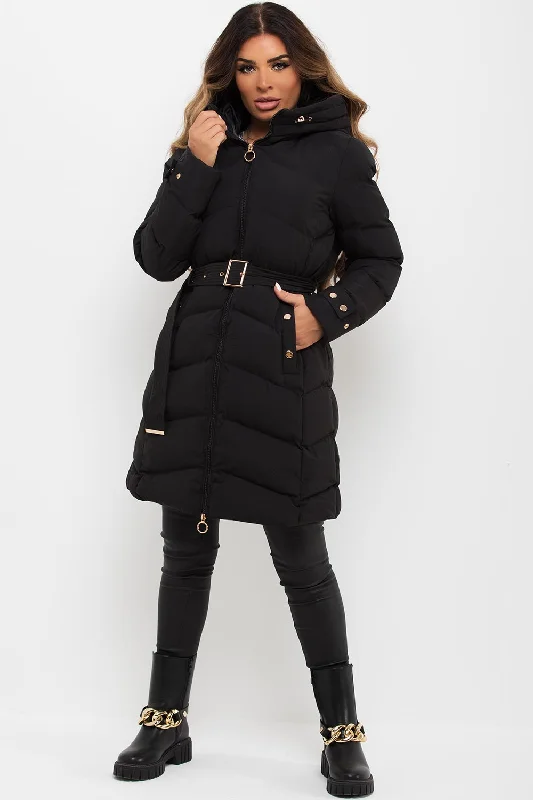 Modern Chic Black Long Puffer Coat With Belt And Gold Button Detail
