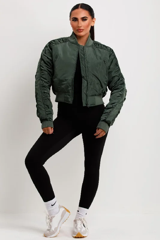 Cozy Street Style Bomber Jacket With Ruched Sleeves Khaki
