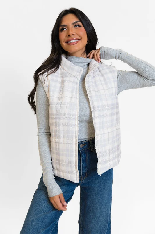 Casual Fit In A Bubble Beige Plaid Puffer Vest SALE
