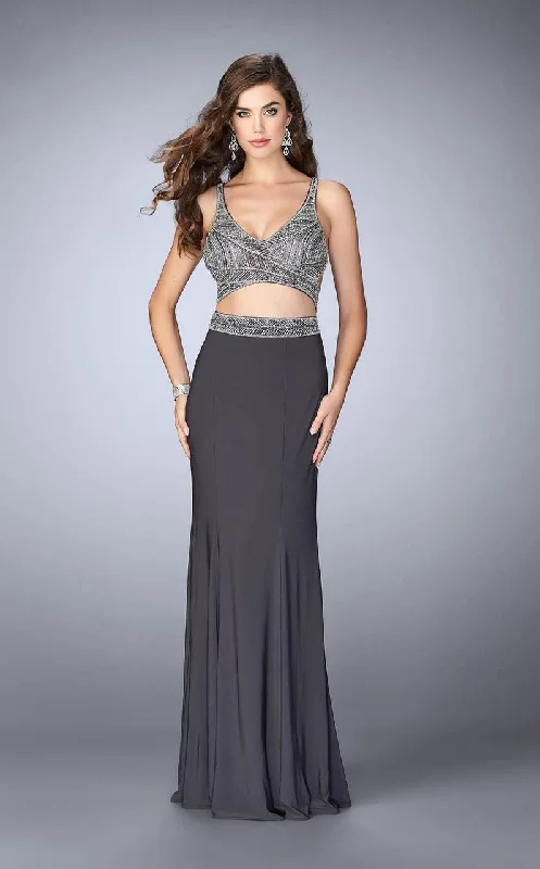 Simple Chic La Femme Gigi - 23904 Beaded Crop Top and Jersey Skirt Long Dress