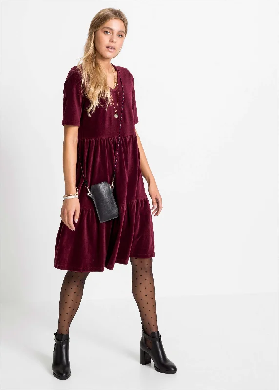 Stylish Jackets Tiered V-Neck Dress - Dark Red