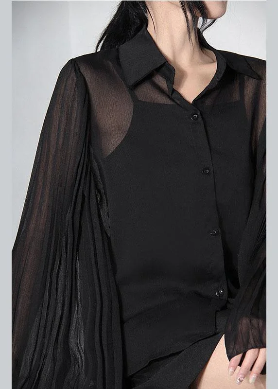 Soft Layers Fitted Black Peter Pan Collar Flare sleeve Summer Shirt Top
