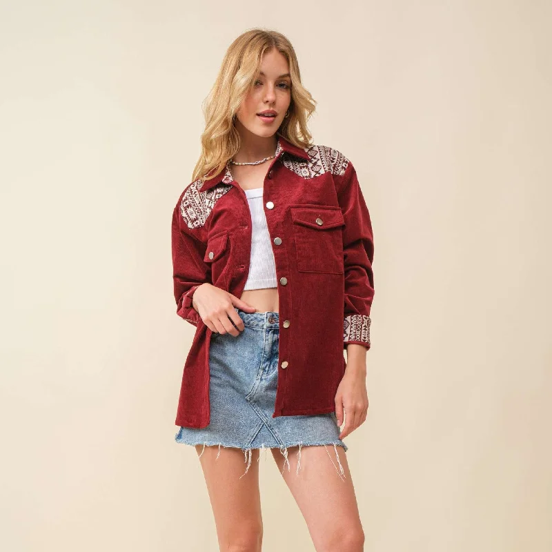 Casual Fit Wear Main Strip Women's Maroon Aztec Corduroy Shacket
