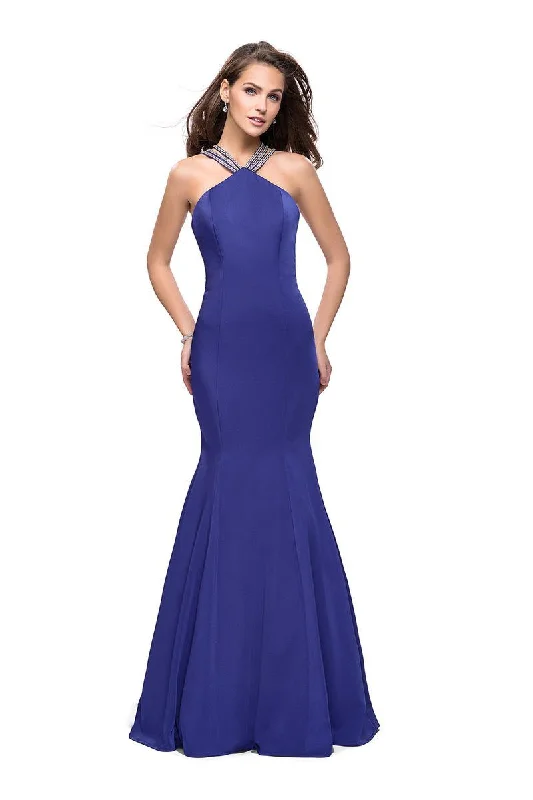 Modern Chic La Femme - 25763 Beaded Strappy Halter Mermaid Dress