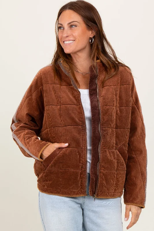 Cozy Chic Wear Brown Quilted Corduroy Puffer Jacket