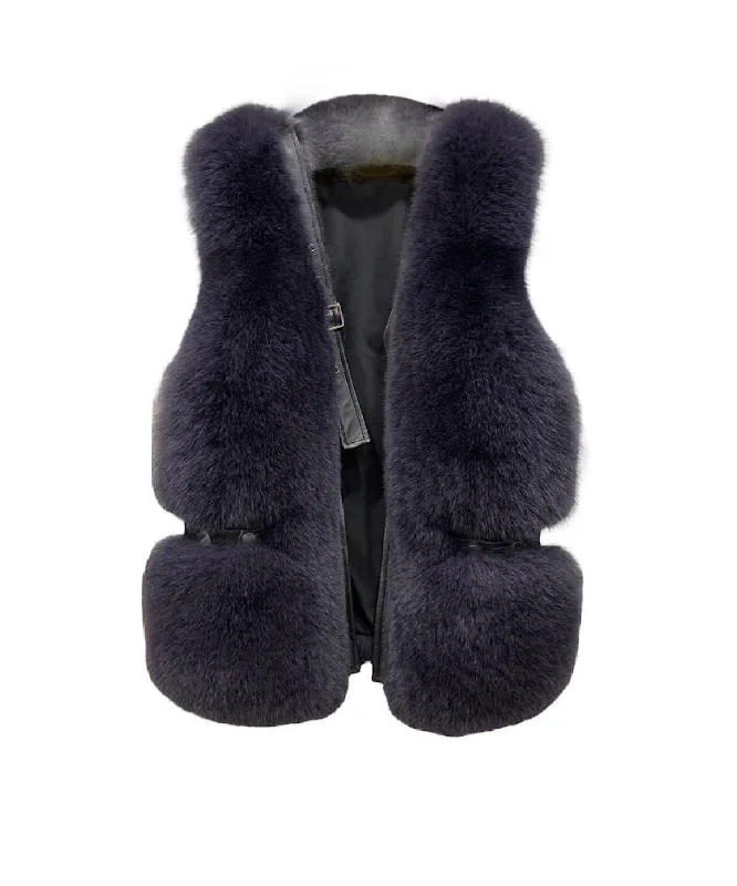 Comfortable Jeans Genuine Striped Paneled Fox Fur Vest Gilet In Dark Gray
