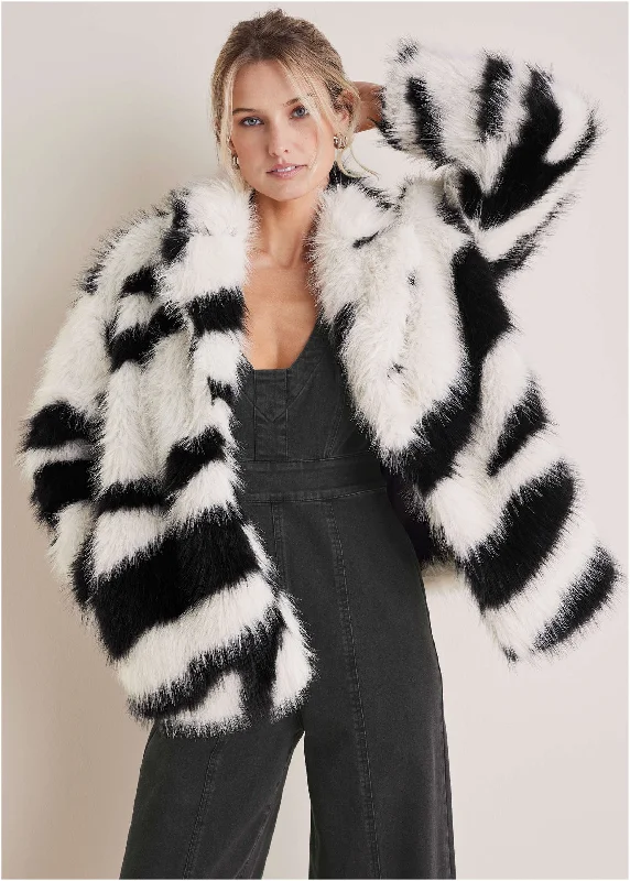 Cozy Apparel Zebra Print Faux Fur Coat - White Multi