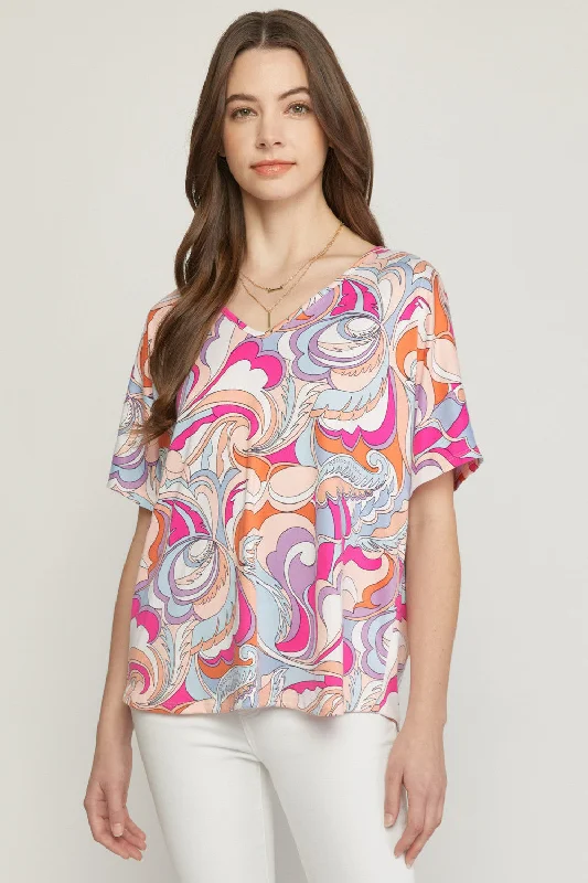 Breezy Comfort Abstract V-Neck Top, Pink